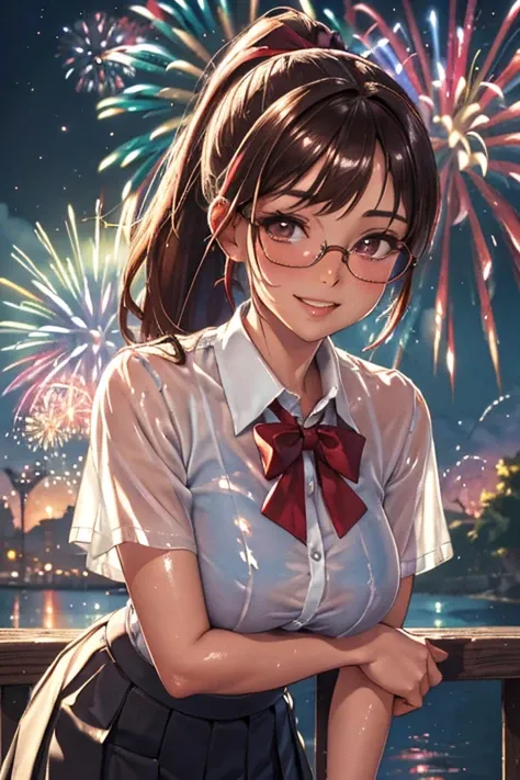 (absurdres, masterpiece, best quality, ultra detailed, detailed background, cinematic lighting, angled from below), (wide sky filled with many colorful glossy fireworks:1.4), (beautiful anime face, long eyelashes, detailed brown eyes), (voluptuous perfect toned lean kawaii 1girl, narrow waist), brown hair, long wavy hair, (wide ponytail, cute bangs, parted bangs), (red eyewear, semi-rimless eyewear), (massive enormous gigantic heavy huge hanging long breasts, cleavage), (bighead, short body, round face), (face closeup, leaning forward:1.4), school uniform, bowtie, (wet see-through short-sleeve blouse, downblouse), (short pleated skirt), (twilight dusk evening), looking at viewer, (flushed, heavy breathing, exhausted, parted lips), beaming smile, naughty grin, translucent watercolor painting, ultrasharp focused, highlights, dreamy ambiance, mesmerizing, <lora:deluster1:-1.0>