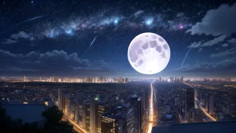(masterpiece, best quality, absurdres, high details, perfect), no humans, panorama, night, night sky, full moon, starry sky, shooting star, city, cityscape, city lights, building, skyscraper,