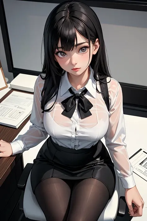 (masterpiece, best quality), a young black haired girl office secretary dressed in a transparent white blouse and black office skirt and black pantyhose ,sitting in an office chair, holding pencil, (detailed skin:1.3),(detailed eyes), (sharp focus),