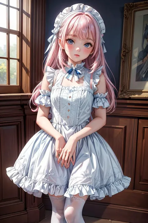 (masterpiece, best quality), 1girl, blue and white frill dress, (white stockings), pink hair, cute face, standing, indoor, intricate detail, sunlight, <lora:add_detail:1>