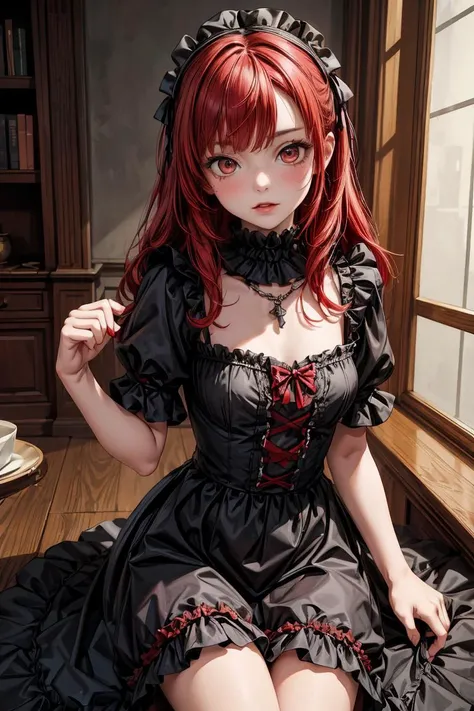 (masterpiece, best quality), 1girl, red hair, medium chest, gothic frill dress, pervert face,