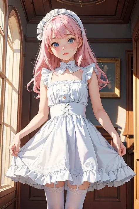 (masterpiece, best quality), 1girl, blue and white frill dress, (white stockings), pink hair, cute face, standing, indoor, intricate detail, sunlight,