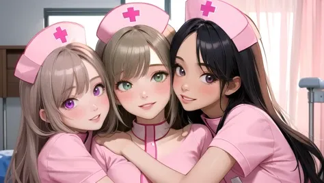 (masterpiece, best quality), 6+girls, multiple girls, alternate breast size, height difference, alternate eye color, alternate hair color, alternate hair length, alternate hair color, alternate skin color, upper body, group hug, sexually suggestive, looking at viewer, happy, parted lips, smile, hospital, indoors, pink nurse, pink nurse cap,