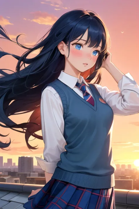 (masterpiece, best quality), 1girl, solo, dark blue hair, very long hair, straight hair, blunt ends, asymmetrical bangs, blue eyes, medium breasts, toned, school, rooftop, school uniform, white shirt, blue plaid necktie, blue plaid skirt, blue sweater vest, standing, leaning, leaning back, wind, floating hair, hand in own hair, facing to the side,looking afar, thinking, light blush, parted lips, sunset, orange sky, cloud, cityscape, portrait,