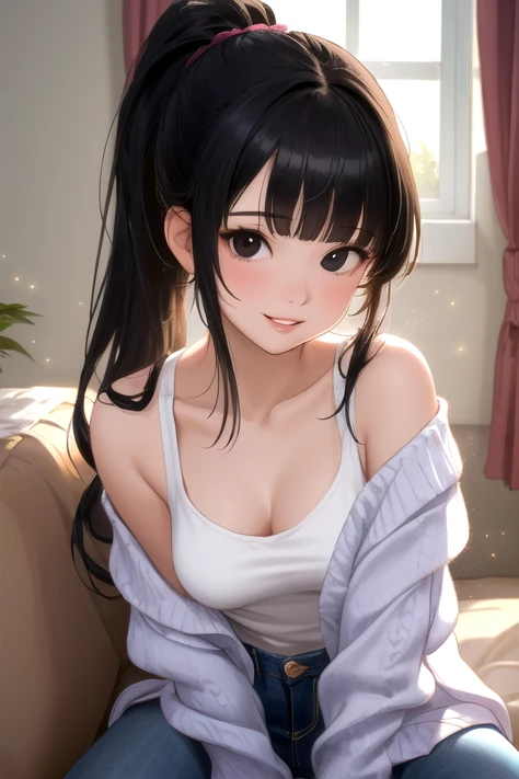 (masterpiece, best quality), 1girl, solo, black hair, long hair, straight hair, blunt ends, high ponytail, blunt bangs, black eyes, medium breasts, toned, tank top, low neckline, jeans, open cardigan, off shoulder, indoors, light rays, light particles, portrait, looking at viewer, parted lips, light smile sexually suggestive