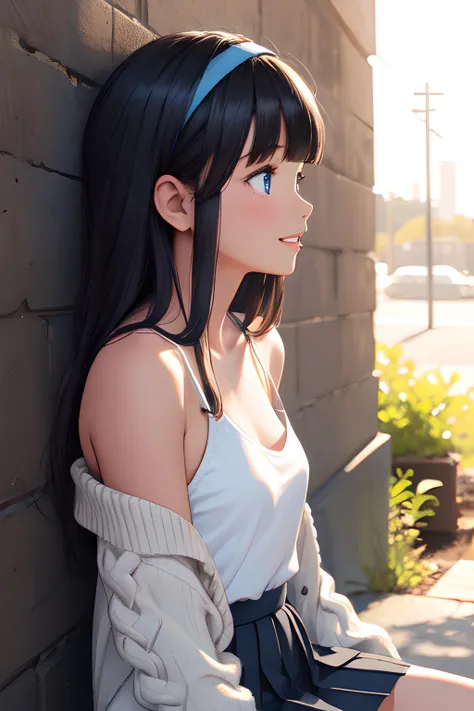 (masterpiece, best quality), 1girl, solo, black hair, very long straight hair, blunt ends, blunt bangs, white headband, small perky breasts, blue eyes, tall female, profile, upper body, outdoors, sitting, against wall, looking up, white tank top, skin tight, low neckline, spaghetti strap, dark blue pleated skirt, off shoulder cardigan, pensive, parted lips, light smile