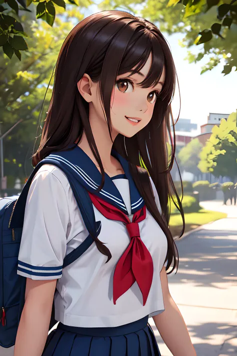 (masterpiece, best quality), 1girl, solo, brown hair, long straight hair, parted bangs, brown eyes, medium breasts, serafuku, summer uniform, short sleeves, red neckerchief, blue sailor collar, blue pleated skirt, school bag, outdoors, walking, profile, upper body, looking at viewer, parted lips, light smile,