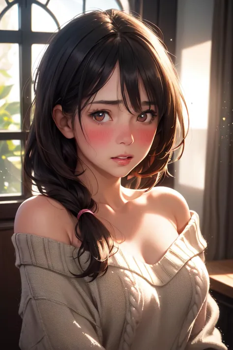 (masterpiece, best quality, realistic, photorealistic, HDR), mature female, solo, upper body, straight-on, looking at viewer, embarrassed, full-face blush, parted lips, indoors, window, light rays, light particles, hair over shoulder, sweater, v-neck, off shoulder, sexually suggestive