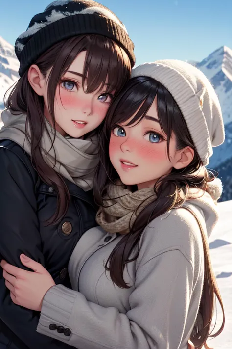 (masterpiece, best quality), 2girls, yuri, couple, alternate breast size, height difference, alternate eye color, alternate hair color, alternate hair length, alternate hair color, alternate skin color, mountain, winter, cold, snow, winter clothes, scarf, woollen cap, cheek-to-cheek, nose blush, parted lips, smile, breath, hug from behind, upper body
