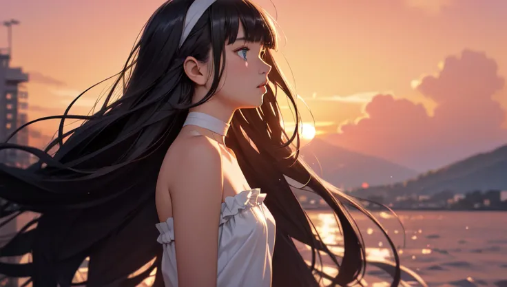 (masterpiece, best quality), 1girl, solo, black hair, very long straight hair, blunt ends, blunt bangs, white headband, blue eyes, small breasts, tall female, outdoors, upper body, profile, looking up, white short dress, sleeveless, strapless, frills, choker, parted lips, pensive, wind, floating, floating hair,sunset, orange sky