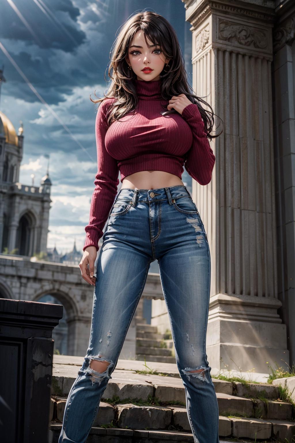 A woman in a red top and jeans posing for a picture - SeaArt AI