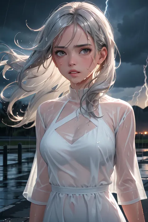 (masterpiece, best quality, realistic, photorealistic, HDR), 1girl, solo, very long hair, silver hair, grey eyes, medium breasts, perky breasts, upper body, outdoors, storm, lightning, thunder, rain, wind, facing viewer, looking at viewer, serious, parted lips, wet, wet hair, shiny skin, water drop, white dress, wet dress, see-through dress, walking, floating hair, road