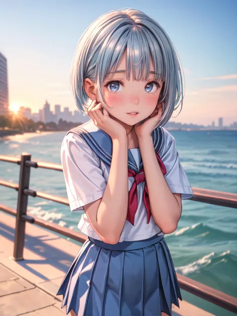 ((AS-YoungestV2:1.4, masterpeice:1.4, best quality:1.4)), face focus:1.4, close up, depth of field, sailor school uniform, 1girl, light blue hair, silver eyes, short skirt, extremely short hair:1.4, long bangs, standing in front of the ocean on a sidewalk, gorgeous sunset, city on the coast, embarrassed:1.2, blush, cute lips, hands on cheek