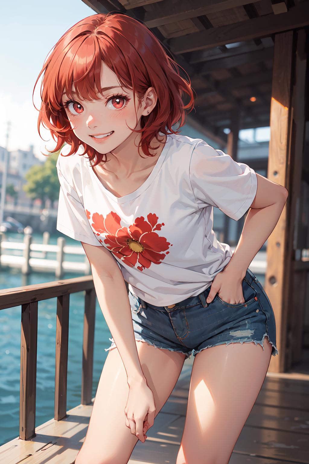 Anime girl with red hair posing on a pier by the water - SeaArt AI