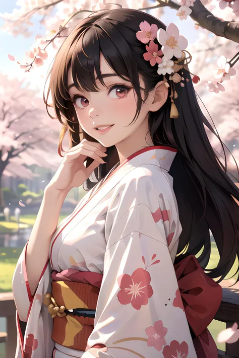 (masterpiece, best quality, highres), 1girl, solo, portrait, medium perky breasts, long hair, hime cut, pale skin, outdoors, japanese clothes, print kimono, spring \(season\), sunlight, looking at viewer, parted lips, smile, falling petals, hand on own cheek, cherry blossoms, hair ornament