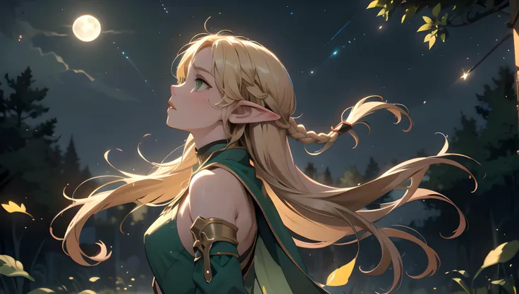 (masterpiece, best quality, highres), fantasy, solo, tall female, elf, pointy ears, blonde hair, absurdly long hair, green eyes, pale skin, medium breasts, toned, green tunic, detached sleeves, circlet, forest, night, night sky, full moon, expressionless, parted lips, facing up, looking up, from side, profile, starry sky, shooting star, wind, floating hair, falling leaves, french braid, fireflies, glowing,