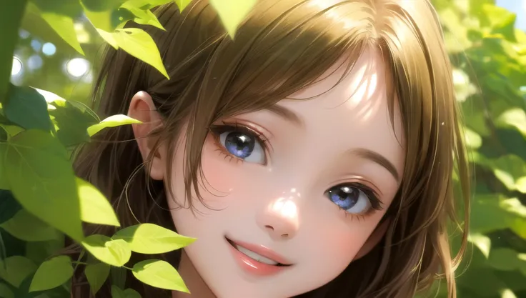 (masterpiece, best quality, absurdres, high details, perfect), 1girl, outdoors, summer, sunlight, forest, looking at viewer, face, happy, parted lips, smile, head tilt,