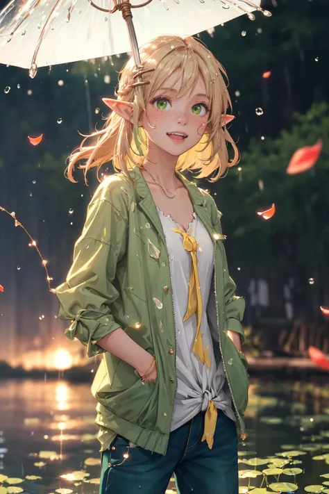 (depth of field:1.4),(Pan Shot:1.4),(blur:1.3),(very detailed:1.4),(high resolution:1.1) BREAK
(Raindrops creating miniature reflections on a flower petal:1.2) BREAK
1girl,(Elf:1.1),(Delighted:1.2),(Standing with hands in pockets:1.2),long Rose Gold hair,freckles on face,(Yellow and Green eyes:1.3) BREAK
(Neon lightning bolt pattern Frayed and knotted fishing net:1.2) made of (Tencel material:1.2) BREAK