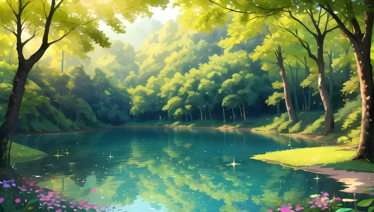 (masterpiece, best quality, absurdres), no humans, panorama, day, summer, sunlight, forest, lake, water, reflective water, sparkle, bird, flower,