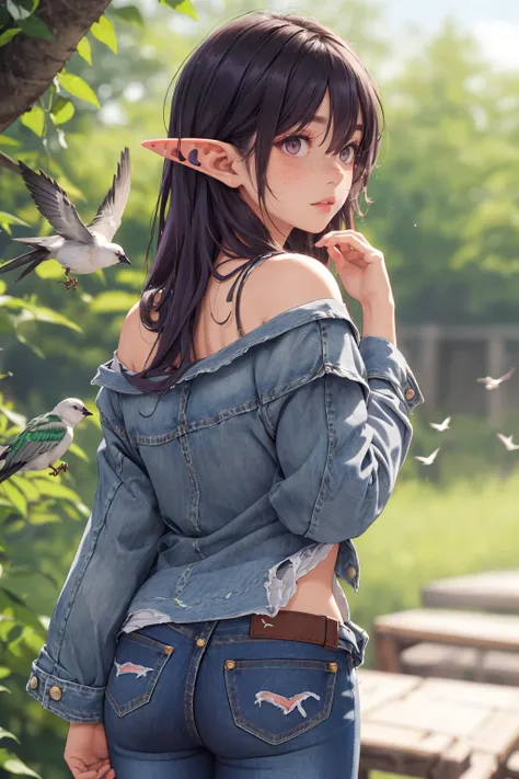 (depth of field:1.4),(Over-the-Shoulder Shot:1.4),(blur:1.3),(very detailed:1.4),(high resolution:1.1) BREAK
(Birds flying in a V formation:1.2) BREAK
1girl,(Elf:1.1),(Awestruck:1.2),(Standing with one hand touching the chin looking thoughtful:1.2),long Purple hair,freckles on face,(Red and Gray eyes:1.3) BREAK
(Damask pattern Ripped stitches on a pair of jeans:1.2) made of (Denim blend material:1.2) BREAK