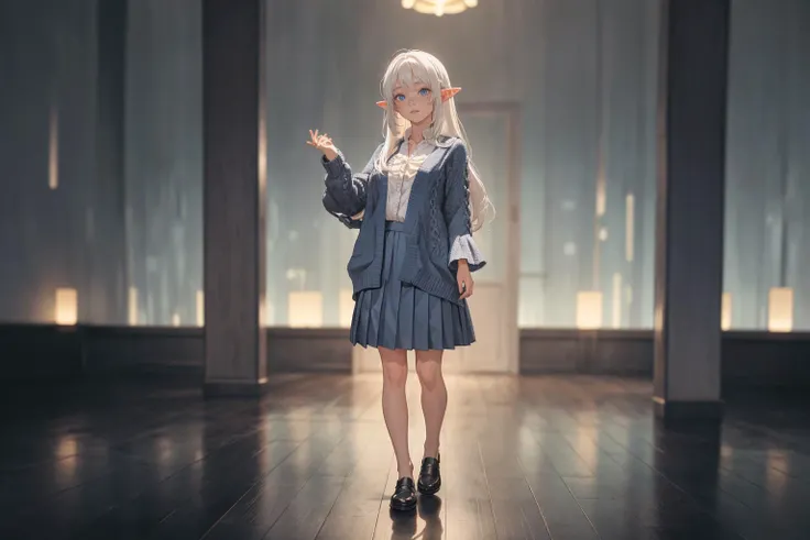 (depth of field:1.4),(full body shot:1.4),(blur:1.3),(very detailed:1.4),(high resolution:1.1),(anime:1.2) BREAK
(Muted Duotone: A duotone background in muted shades exuding a calming and sophisticated atmosphere.:1.3) BREAK
1girl,(Elf:1.1),(Standing with one foot raised balancing:1.2),long white hair,freckles on face,(blue eyes:1.3) BREAK
(Pleated midi skirt, a tucked-in blouse with ruffled sleeves, and a chunky cardigan.:1.1),