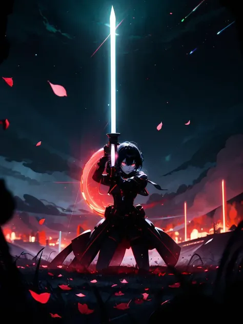 <lora:GoodHands-vanilla:1>, masterpiece, best quality, light particle, depth of field, field, scenery, fantasy, blue light, (far away:1.1), no humans, pastel colors, chromatic aberration abuse, glow in the dark
dark ,cloudy sky, space, red aura, aura, cinematic, dark atmosphere, night , dark hole, glowing eyes, red light, illumination, sword, floating object, monster, fighting stance, light rays, 
eye in the sky, (grass:0.9), falling petals,
