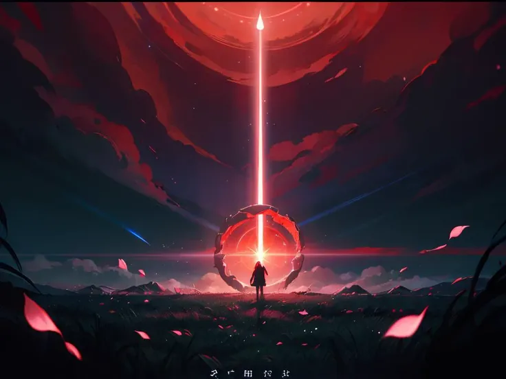 <lora:GoodHands-vanilla:1>, masterpiece, best quality, light particle, depth of field, field, scenery, fantasy, blue light, (far away:1.1), no humans, pastel colors, chromatic aberration abuse, glow in the dark
dark ,cloudy sky, space, red aura, aura, cinematic, dark atmosphere, night , dark hole, glowing eyes, red light, illumination, sword, floating object, monster, fighting stance, light rays,
eye in the sky, (grass:0.9), falling petals,