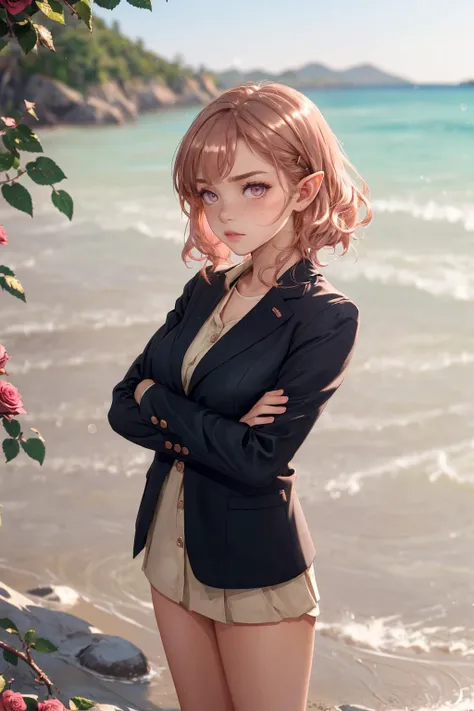 (depth of field:1.4),(B-Roll:1.4),(blur:1.3),(very detailed:1.4),(high resolution:1.1) BREAK
(Sand ripples on a beach:1.2) BREAK
1girl,(Elf:1.1),(Disgusted: Curled upper lip raised eyebrows indicating strong aversion or repulsion.:1.2),(Standing with arms crossed:1.2),long Golden Copper hair,freckles on face,(Pink and rose gold balayage eyes:1.3) BREAK
(Watercolor landscape wash pattern Missing button on a blazer:1.2) made of (Seersucker material:1.2) BREAK
