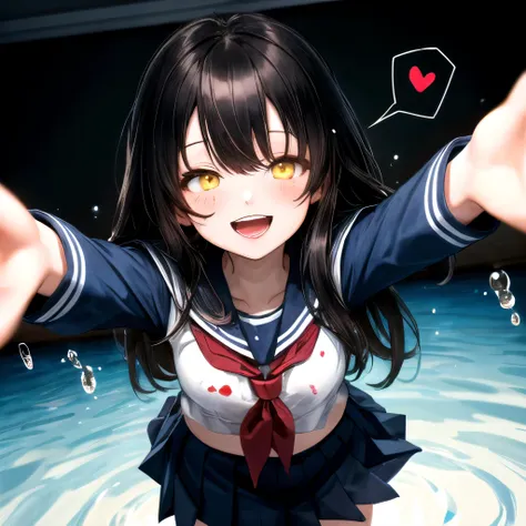 (masterpiece, best quality, absurdres, high details, perfect), 1girl, solo, pale skin, black messy hair, absurdly long hair, long bangs, yellow eyes, hair over eyes, small breasts, narrow waist, white serafuku, blue sailor collar, red neckerchief, blue pleated skirt, long sleeves, yandere, upper body, crazy eyes, crazy smile, glowing, glowing eyes, classroom, night,no light, looking at viewer, leaning forward, outstretched arms, pov, water, water on face, water on clothes, water splatter, open mouth, spoken heart, horror \(theme\), dark aura, straight-on, heavy breathing,