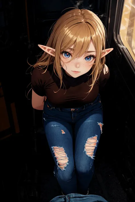 (depth of field:1.4),(Aerial Shot with Tracking:1.4),(blur:1.3),(very detailed:1.4),(high resolution:1.1),(anime:1.2) BREAK
(Steam rising from a train engine:1.2) BREAK
1girl,(Elf:1.1),(Blissful:1.2),(Leaning forward with hands on the knees:1.2),long Red hair,freckles on face,(Brown and honey blonde highlights eyes:1.3) BREAK
(Abstract pattern Ripped stitches on a pair of jeans:1.2) made of (Spandex material:1.2) BREAK