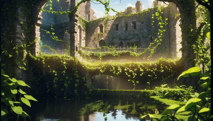 (blur:1.3),(very detailed:1.4),(high resolution:1.1),(Glamor Shot:1.1),(8K:1.2),(breathtaking:1.2),(Ray Tracing Reflections:1.2) BREAK
(Ruined castle overtaken by nature with overgrown vines and magical flora:1.3),
