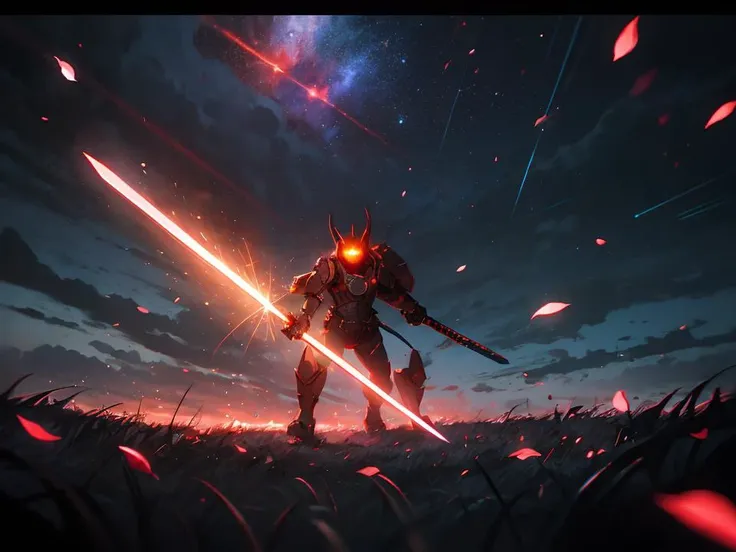 masterpiece, best quality, light particle, depth of field, field, scenery, fantasy, blue light, (far away:1.1), no humans, pastel colors, chromatic aberration abuse, glow in the dark
dark ,cloudy sky, space, red aura, aura, cinematic, dark atmosphere, night , dark hole, glowing eyes, red light, illumination, sword, floating object, monster, fighting stance, light rays,
eye in the sky, (grass:0.9), falling petals,