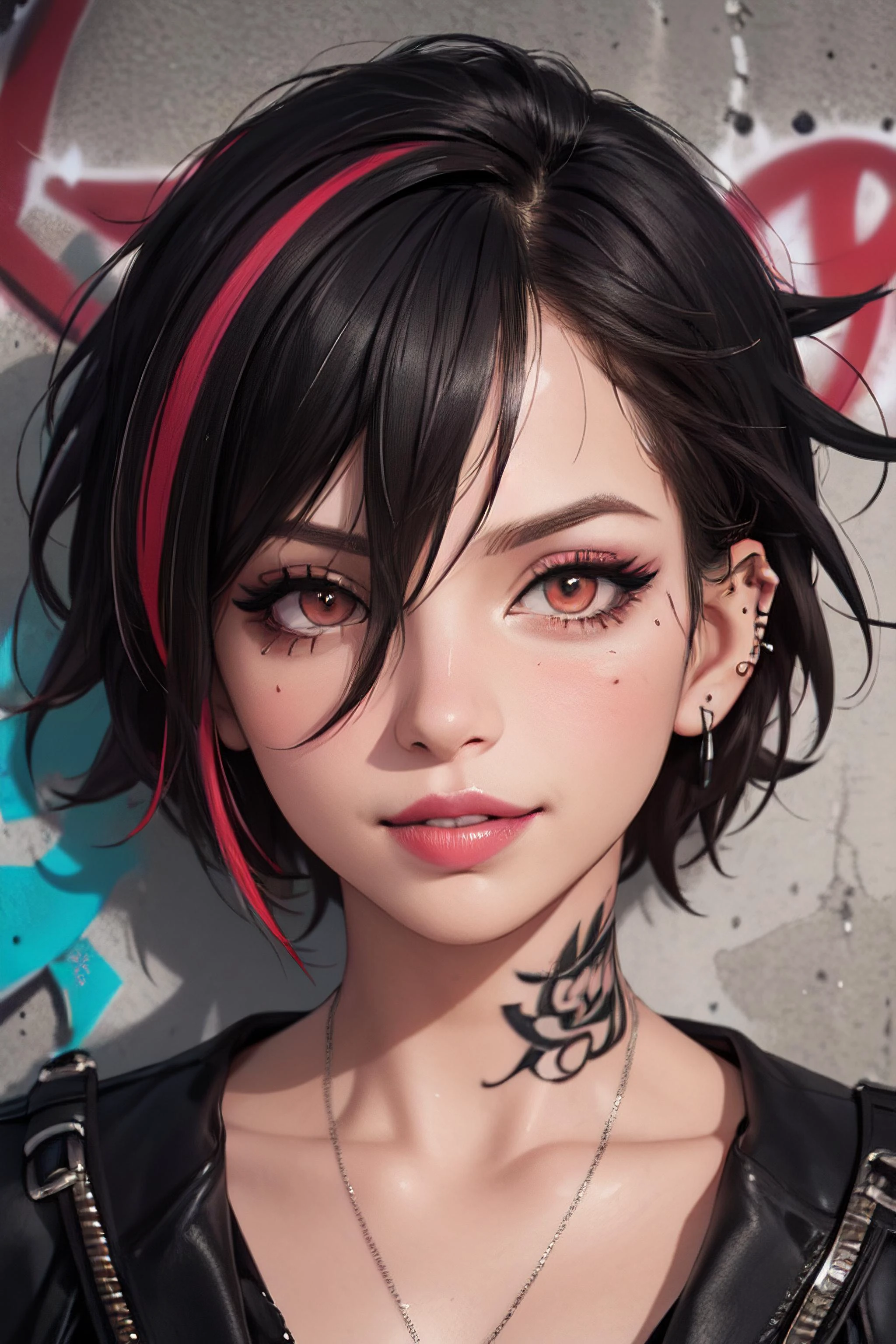 (masterpiece, best quality, highres, realistic, photorealistic, HDR), 1girl, solo, face, looking at viewer, punk, streaked hair, short hair, spiked hair, hair between eyes, mascara, eyeliner, eyeshadow, lipstick, piercing, tattoo, smug, parted lips, smirk, wall, graffiti, mural, head tilt
