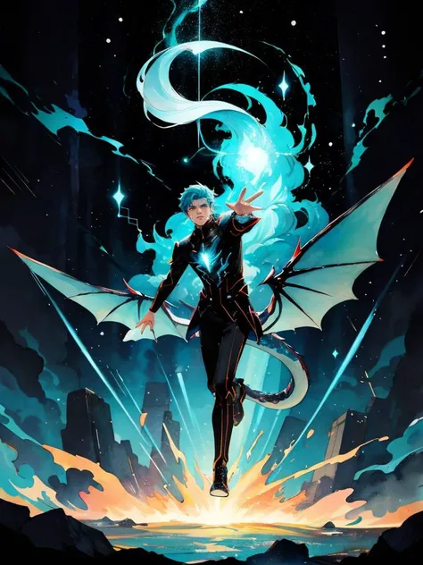 <lora:GoodHands-vanilla:1>, A full body portrait of a levitating powerful man wearing futuristic mage uniform raised arm outstretched hand spraying a whirlwind of cyan and azure light dragons, highly detailed eyes, 2d art cover, official fanart behance hd artstation, masterpiece, smooth render, watercolor, 8k quality, lightning, meteor shower,