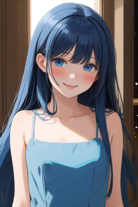 (masterpiece, best quality, absurdres, high details, perfect), illustration, flat color, high contrast, 1girl, solo, dark blue hair, blue eyes, very long straight hair, asymmetrical bangs, medium breasts, toned, upper body, indoors, light blue short dress, backlighting, light particles, standing, contrapposto, blush, smile, sexually suggestive,
