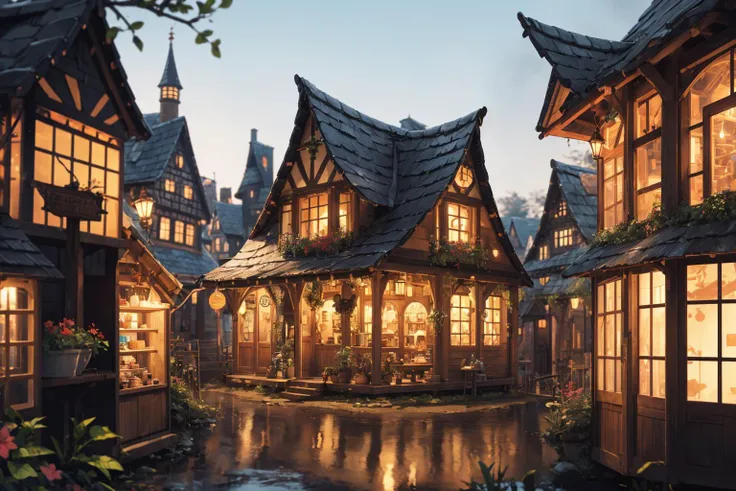 (depth of field:1.4),(blur:1.3),(very detailed:1.4),(high resolution:1.1) BREAK
(Enchanted village with whimsical houses and magical shops:1.3) BREAK