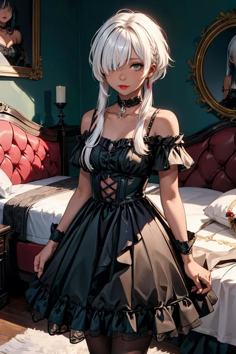 (masterpiece:1.2, best quality:1.2), absurdres:1.2, depth of field:1.3, super-resolution, perfect lighting, <lora:more_details:0.45>, (hair over one eye), <lora:hair_over_eyes:0.80>, <lora:wrenchlogown:0.9>, wrenchlogown, black gown, lace, frills, ((((dark skin)))), thick thighs, bare shoulders, (smile), closed mouth, black choker, green eyes, (green hair), white hair, (multicolored hair), streaked hair, two-colored hair, ((frontlocks)), (short hair with long locks:1.2), looking at viewer, realistic background, (mansion, bedroom), red lipstick, <lora:FrontLocks_v004-08:0.3>, cowboy shot,