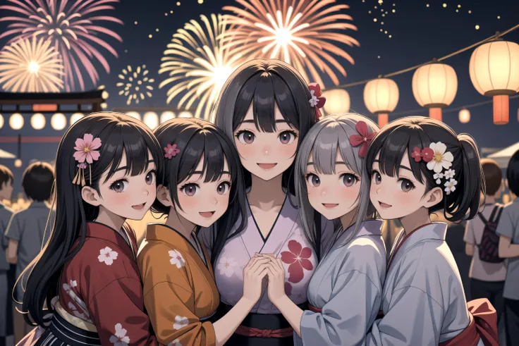 (masterpiece, best quality, highres), 6+girls, multiple girls, upper body, height difference, alternate breast size, alternate eye color, alternate hairstyle, alternate hair length, alternate hair color, alternate skin color, group hug, happy, open mouth, smile, looking at viewern summer, summer festival, night, aerial fireworks, japanese clothes, yukata