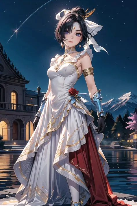 best quality, masterpiece, <lora:wrenchfaeflare:0.8>, wrenchfaeflare, glowing, embroidery, accessories, necklace, earrings, refraction, flower ornament, pantyhose, frills, flower, ribbons, perfect lighting, breasts, (1girl), (((red dress, white dress))), multilayered dress, (((((((warrior dress))))))), closed mouth, smile, happy, makeup, (dynamic pose), ((purple eyes)), looking at viewer, from below, ((frilled choker, black choker)), (multicolored hair, short hair), ((blue hair, black hair)), ((hair over one eye)), (bangs), cross, (red eyeliner, red eyeshadow), (black gloves), (((solo))), (garden, pond in background, roses, lilacs, tulips, plants, realistic background, pillars, castle, outdoors, staircase, steps, mountain, night sky, starry sky), molten lava, frozen ice, <lora:more_details:0.45>,