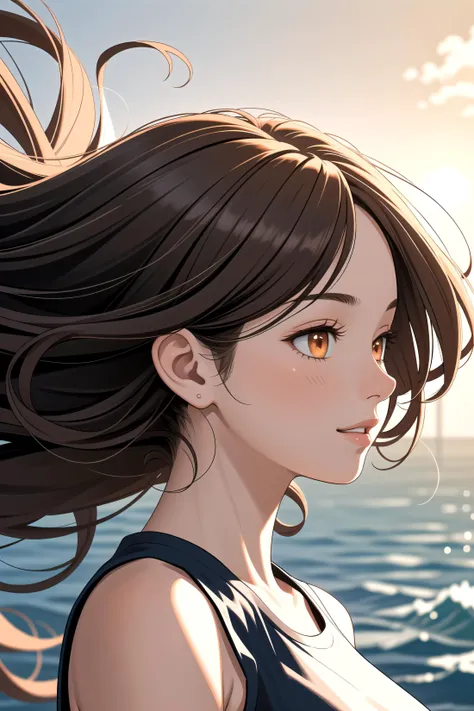 (masterpiece, best quality, highres, ultra detailed, intricate details, very aesthetic), 1girl, solo, upper body, tented shirt, t-shirt, sleeveless, light brown hair, long curly hair, orange eyes, from side, looking to the side, wind, floating hair, parted lips, light smile