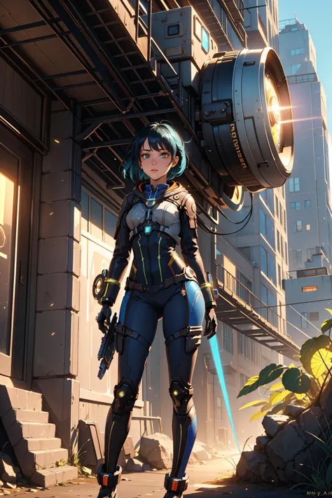 1girl, (art by Greg Rutkowski:0.7) and (Mary Anning:1.2) and (Charles Philipon:0.7) , masterwork Octane render, flawless, Full length frame of a Gadgetpunk Inspirational ("The Planet of Horror":1.3) , lush city street with Orchard, at Golden hour, equirectangular 360, Romantic, Afropunk, moody lighting, Selective focus, electric blue and Lime green hue, overly complex style, matte, ultra high res, extremely detailed CG Unity 8k wallpaper, sci-fi
