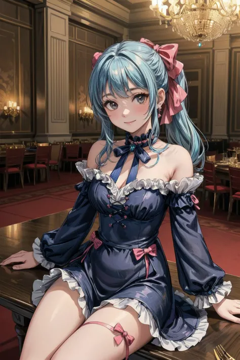 (masterpiece:1.2, best quality:1.2), (pale skin), (((((ribbons, bows, frills, jewelry))))), ((dress)), hair ribbon, ((blue hair)), side ponytail, perfect lighting, daytime, long hair, looking at viewer, detailed, smile, 1girl, wide sleeves, black choker, solo, (((sitting))), breasts, closed mouth, chair, (((ballroom, chandelier, banquet hall, banquet))), ((cowboy shot)), <lora:more_details:0.45>,