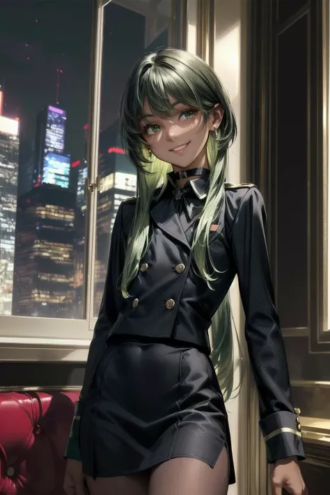 (masterpiece:1.2, best quality:1.2), absurdres:1.2, depth of field:1.3, perfect lighting, cinematic shadows, (((((dark skin))))), (((black uniform))), ((flat chest)), (black skirt), (black choker), ((thighs)), jewelry, (((smile))), closed mouth, red eyeliner, (scarred), ((looking at viewer)), earrings, green eyes, (short hair), (((long sidelocks))), ((short hair with long locks)), ((green hair)), (gradient hair), red hair, ((ballroom, skyscrapers in background, window, night, fancy room, chandelier, realistic background)), <lora:more_details:0.45>, <lora:NSFWFilter:-1>