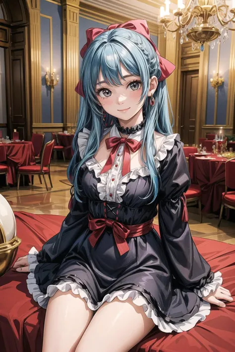 (masterpiece:1.2, best quality:1.2), (pale skin), (((((ribbons, bows, frills, jewelry))))), ((dress)), hair ribbon, ((blue hair)), side ponytail, perfect lighting, daytime, long hair, looking at viewer, detailed, smile, 1girl, wide sleeves, black choker, solo, (((sitting))), breasts, closed mouth, chair, (((ballroom, chandelier, banquet hall, banquet))), ((cowboy shot)), <lora:more_details:0.45>,