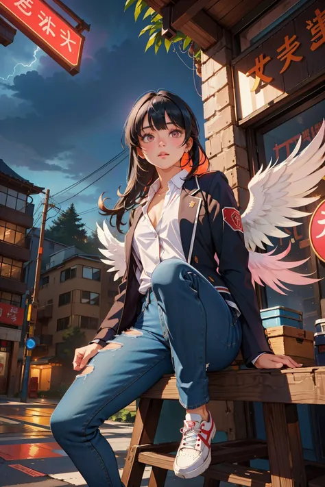 1girl, mundane Spray paint style, Rule of Thirds, knee level shot of a Draconian Intuitive morbidly obese Tribal ([Qiang|Yevgeny]:1.3) , he as Heisei Era Angel, he is very curious, Qiang is Exploring new places, Qiang is dressed in his Blazer and jeans, The Blazer and jeans is tailored by John Varvatos and Tommy Hilfiger, Qiang has Blunt bangs hairstyle, Qiang has a Overwhelmed Bantu Magenta Mechanical Legs, Deeply Thoughtful beard, Serene street and trees, Thunderstorm, FOV 90 degrees, ultrafine detailed, Fairy-Tale, Cloudpunk, Neon Light, F/5, Infrared, icon style, Film grain, natural skin texture, detailed skin, hyperdetailed, award winning, (stylized by Mandy Disher:1.1)