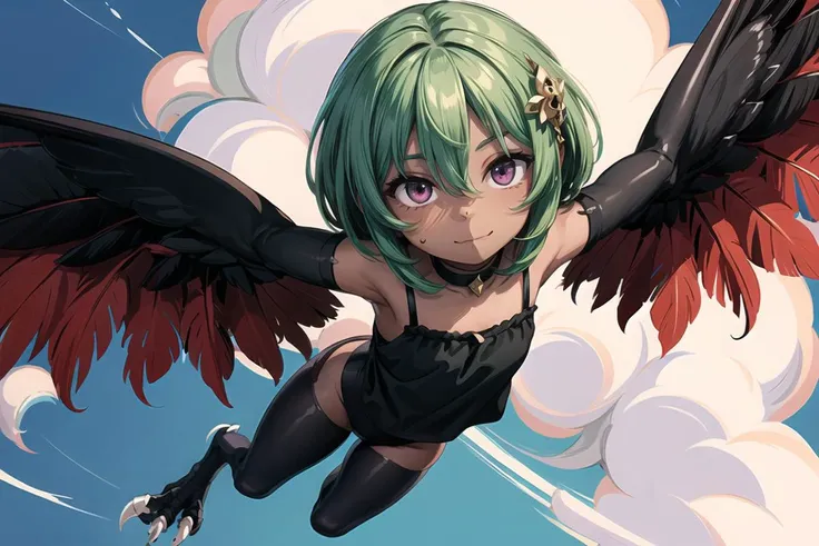 (masterpiece, best quality:1.4), <lora:harpy_cpt_v01:1.3>, (((harpycpt, winged arms, harpy))), ((bird legs, talons)), (feather tails), ((from below)), looking up, outstretched winged arms, black winged arms(((dark skin:1.5))), ((black feathers)), (((black camisole, oversized camisole, loose camisole))), (((black speedo))), bulge, crotch bulge, futanari, absurdres, [perfect shadows and lighting], incredible high-key lighting, extremely detailed, ambient soft lighting, 4K, (solo), purple eyes, ((green hair)), ((short hair)), (red eyeliner, red mascara), (smile), evil, evil grin, head tilt, ((closed mouth)), black choker, ((flat chest)), midair, gliding, ((flying)), outdoors, sky, clouds, (bloody), blood, corpses, guro, gore, (((horror))), hair ornament,  full body, <lora:more_details:0.45>, <lora:NSFWFilter:-0.5>,  <lora:m99_bellybuttonremover_1:1.3>