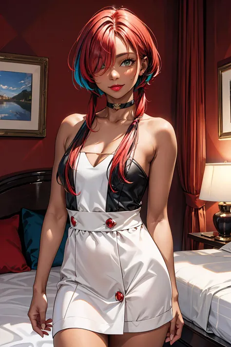 (masterpiece:1.2, best quality:1.2), absurdres:1.2, depth of field:1.3, super-resolution, perfect lighting, <lora:more_details:0.45>, (hair over one eye), <lora:hair_over_eyes:0.70>, ((((dark skin)))), thick thighs, breasts, bare shoulders, (smile), closed mouth, black choker, green eyes, (red hair), white hair:0.9, multicolored hair, ((frontlocks)), (short hair with long locks:1.2), looking at viewer, realistic background, (mansion, bedroom), red lipstick, <lora:FrontLocks_v004-08:0.3>, cowboy shot,