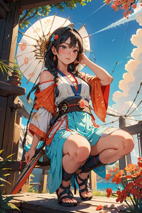 1girl, masterwork Unity Engine, majestic, knee level shot of a Violent Foul [Basque:Heisei Era:4] ([Suspension bridge|Banyan]:1.3) , it is engraved with Zebra and Casual details, it has appealing details, fairy tale, detailed Turquoise and Coral background, dense blossoms and reeds, Thunderstorm, in focus, Masterpiece, Sad, Shin Hanga, moody lighting, pinhole lens, Fujifilm Superia, sgraffito, Plain white background, trending on artstation, photolab, [ (stylized by Shirin Neshat:1.0) | (Wayne Thiebaud:0.9) | (ND Stevenson:1.1) | (Noah Bradley:0.9) ]