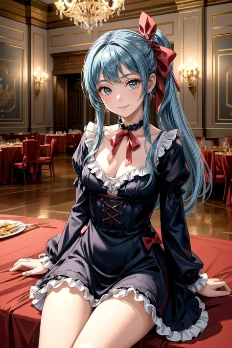 (masterpiece:1.2, best quality:1.2), (pale skin), (((((ribbons, bows, frills, jewelry))))), ((dress)), hair ribbon, ((blue hair)), side ponytail, perfect lighting, daytime, long hair, looking at viewer, detailed, smile, 1girl, wide sleeves, black choker, solo, (((sitting))), breasts, closed mouth, chair, (((ballroom, chandelier, banquet hall, banquet))), ((cowboy shot)), <lora:more_details:0.45>,