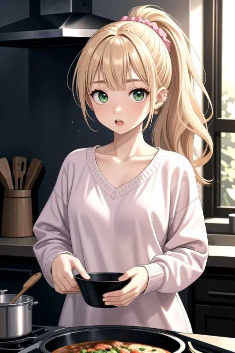 (masterpiece, best quality, highres), 1girl, solo, blonde hair, long wavy hair, high ponytail, asymmetrical bangs, green eyes, small perky breasts, freckles, pale skin, long eyelashes, pink scrunchie, ear piercing, indoors, morning, light rays, light particles, upper body, looking at viewer, oversized clothes, sweater, v-neck, sleeves past wrists, kitchen, leaning, cooking, pot, shy, ;o